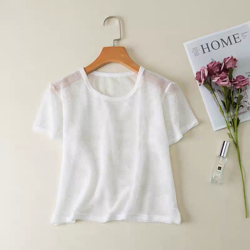 Sascina Yoga Shirts Sports Fitness Blouse Fishnet ShirtLoose Hollow-Out Sexy Mesh Short Crop Yoga Quick-Drying Vest Suitable for Women (Black)