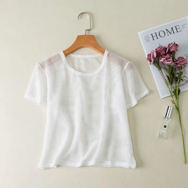 Sascina Yoga Shirts Sports Fitness Blouse Fishnet ShirtLoose Hollow-Out Sexy Mesh Short Crop Yoga Quick-Drying Vest Suitable for Women (Black)