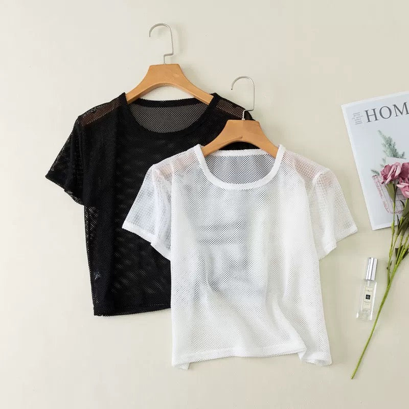 Sascina Yoga Shirts Sports Fitness Blouse Fishnet ShirtLoose Hollow-Out Sexy Mesh Short Crop Yoga Quick-Drying Vest Suitable for Women (Black)